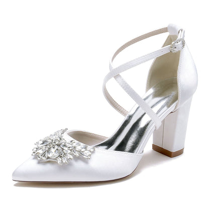 Damen Seidensatin mit Knöchelriemen Strass Geschlossene Zehenpartie Blockabsatz Partyschuhe