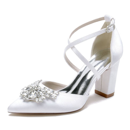 Damen Seidensatin mit Knöchelriemen Strass Geschlossene Zehenpartie Blockabsatz Partyschuhe