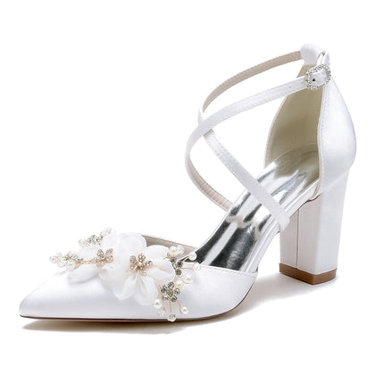 Damen Seidensatin mit Knöchelriemen Blume Geschlossene Zehenpartie Blockabsatz Hochzeitsschuhe