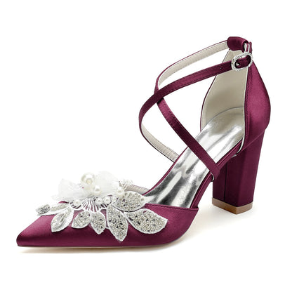 Damen Seidensatin mit Knöchelriemen Blume Perle Strass Geschlossene Zehe Blockabsatz Hochzeitsschuhe