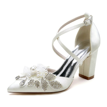 Damen Seidensatin mit Knöchelriemen Blume Perle Strass Geschlossene Zehe Blockabsatz Hochzeitsschuhe