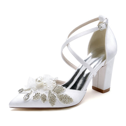 Damen Seidensatin mit Knöchelriemen Blume Perle Strass Geschlossene Zehe Blockabsatz Hochzeitsschuhe