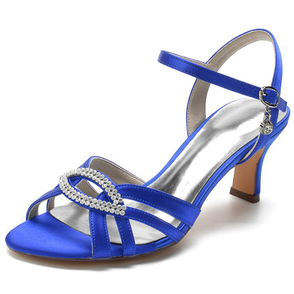 Damen Seidensatin mit Strass Knöchelriemen Peep Toe Spool Heel Abendschuhe