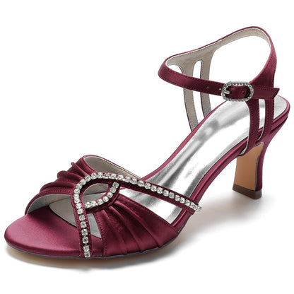 Damen Seidensatin Mit Knöchelriemen Strass Peep Toe Spool Heel Abendschuhe