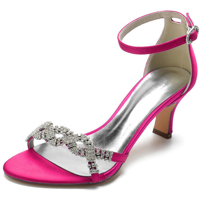 Damen Seidensatin Knöchelriemen mit Strass Peep Toe Spool Heel Party Schuhe