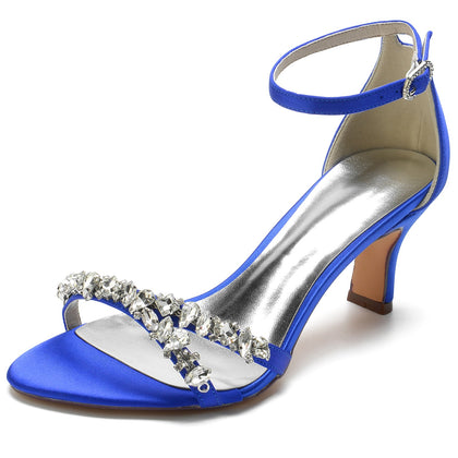 Damen Seidensatin Mit Knöchelriemen Peep Toe Spool Heel Strass Party Schuhe