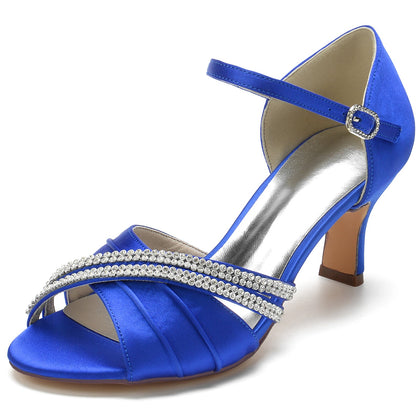 Damen Seidensatin mit Strass Knöchelriemen Peep Toe Spool Heel Party Schuhe