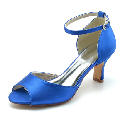Damen Seidensatin mit Knöchelriemen Peep Toe Spool Heel Brautschuhe