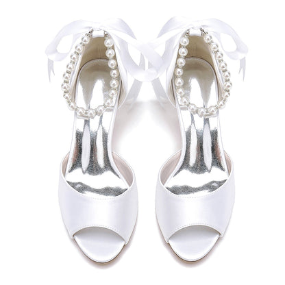 Damen Seidensatin Mit Schnürung Knöchelriemen Perle Peep Toe Spool Heel Party Schuhe