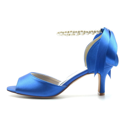 Damen Seidensatin Mit Schnürung Knöchelriemen Perle Peep Toe Spool Heel Party Schuhe