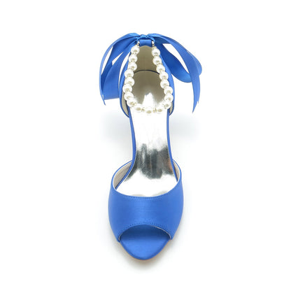 Damen Seidensatin Mit Schnürung Knöchelriemen Perle Peep Toe Spool Heel Party Schuhe