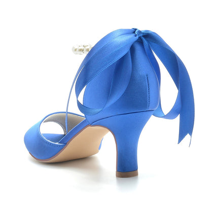 Damen Seidensatin Mit Schnürung Knöchelriemen Perle Peep Toe Spool Heel Party Schuhe