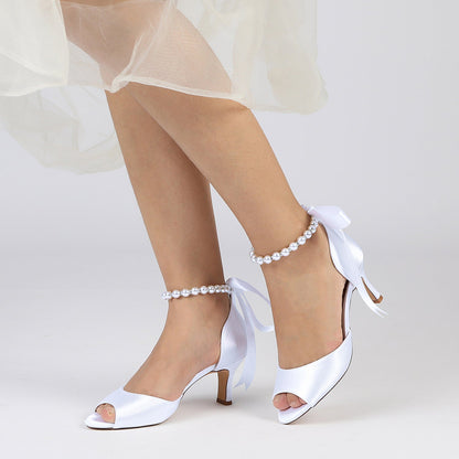 Damen Seidensatin Mit Schnürung Knöchelriemen Perle Peep Toe Spool Heel Party Schuhe