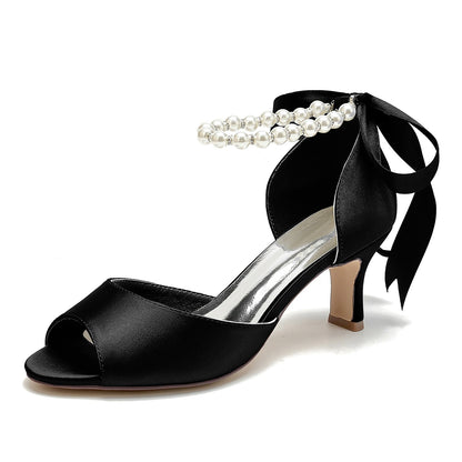 Damen Seidensatin Mit Schnürung Knöchelriemen Perle Peep Toe Spool Heel Party Schuhe