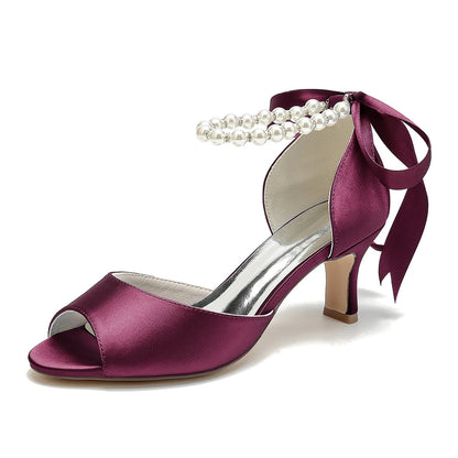 Damen Seidensatin Mit Schnürung Knöchelriemen Perle Peep Toe Spool Heel Party Schuhe
