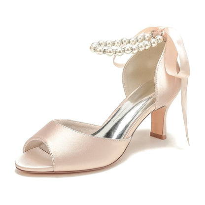 Damen Seidensatin Mit Schnürung Knöchelriemen Perle Peep Toe Spool Heel Party Schuhe