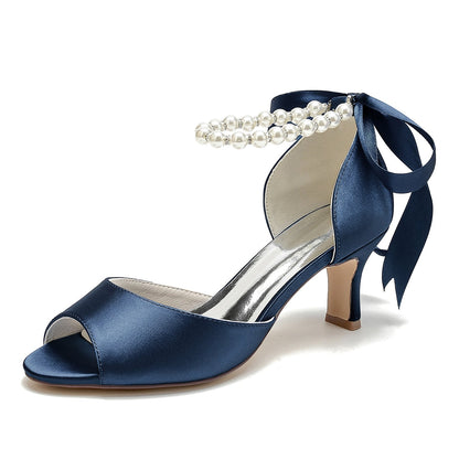 Damen Seidensatin Mit Schnürung Knöchelriemen Perle Peep Toe Spool Heel Party Schuhe
