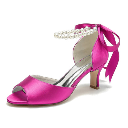 Damen Seidensatin Mit Schnürung Knöchelriemen Perle Peep Toe Spool Heel Party Schuhe