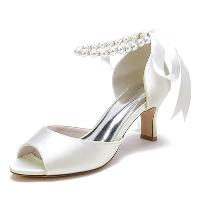 Damen Seidensatin Mit Schnürung Knöchelriemen Perle Peep Toe Spool Heel Party Schuhe