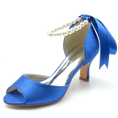 Damen Seidensatin Mit Schnürung Knöchelriemen Perle Peep Toe Spool Heel Party Schuhe