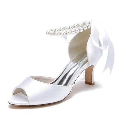Damen Seidensatin Mit Schnürung Knöchelriemen Perle Peep Toe Spool Heel Party Schuhe