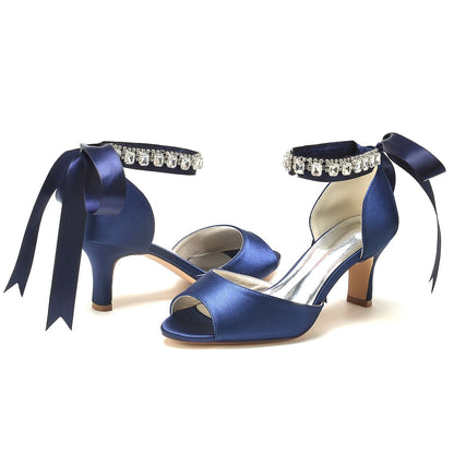 Damen Seidensatin mit Knöchelriemen Schnürung Strass Peep Toe Spool Heel Brautschuhe