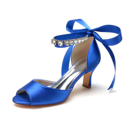 Damen Seidensatin mit Knöchelriemen Schnürung Strass Peep Toe Spool Heel Brautschuhe