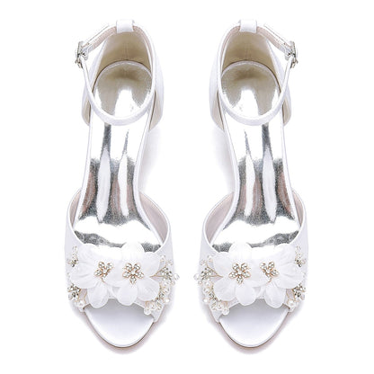 Damen Seidensatin Mit Knöchelriemen Blume Peep Toe Stiletto Heel Brautschuhe