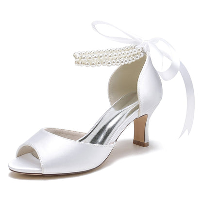 Damen Seidensatin Mit Knöchelriemen Schnürung Perle Peep Toe Spool Heel Party Schuhe