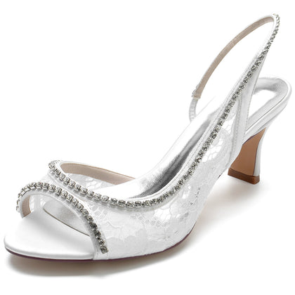 Damen Seidensatin mit Spitze Strass Peep Toe Spool Heel Brautschuhe