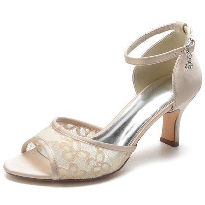 Damen Seidensatin mit Knöchelriemen Spitze Peep Toe Spool Heel Abendschuhe