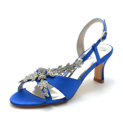 Damen Seidensatin Mit Knöchelriemen Strass Peep Toe Spool Heel Party Schuhe
