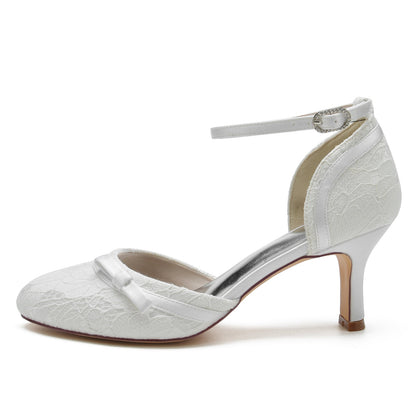 Damen Spitze Seidensatin Mit Knöchelriemen Spitze Geschlossene Zehenpartie Spool Heel Abendschuhe