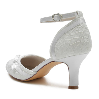 Damen Spitze Seidensatin Mit Knöchelriemen Spitze Geschlossene Zehenpartie Spool Heel Abendschuhe