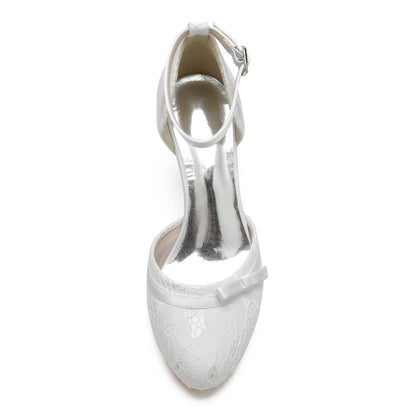 Damen Spitze Seidensatin Mit Knöchelriemen Spitze Geschlossene Zehenpartie Spool Heel Abendschuhe