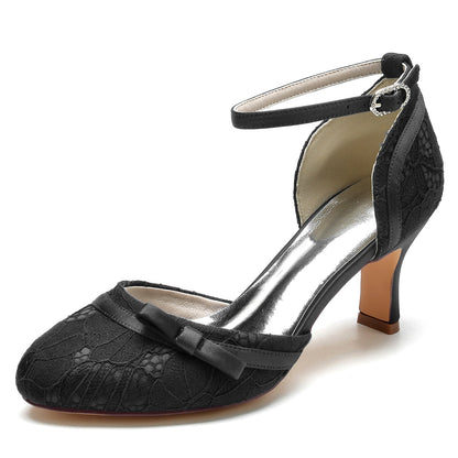 Damen Spitze Seidensatin Mit Knöchelriemen Spitze Geschlossene Zehenpartie Spool Heel Abendschuhe