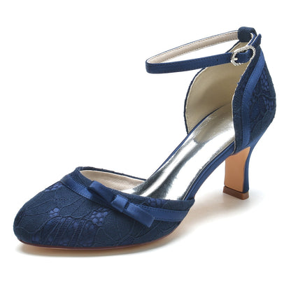 Damen Spitze Seidensatin Mit Knöchelriemen Spitze Geschlossene Zehenpartie Spool Heel Abendschuhe