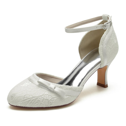 Damen Spitze Seidensatin Mit Knöchelriemen Spitze Geschlossene Zehenpartie Spool Heel Abendschuhe