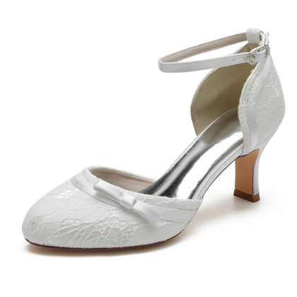 Damen Spitze Seidensatin Mit Knöchelriemen Spitze Geschlossene Zehenpartie Spool Heel Abendschuhe