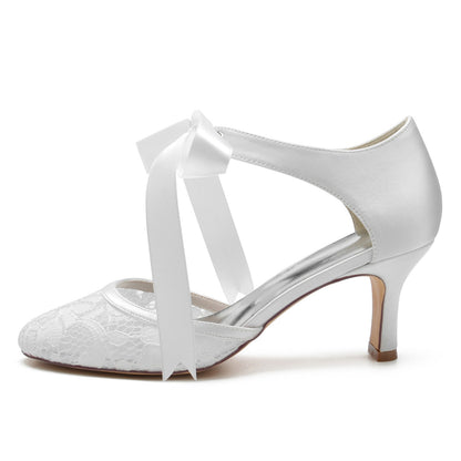 Damen Spitze Seidensatin Mit Knöchelriemen Geschlossene Zehenpartie Spool Heel Brautschuhe