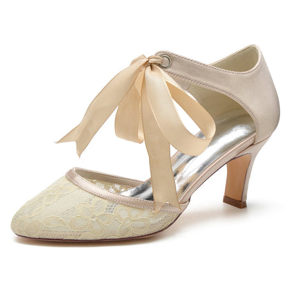 Damen Spitze Seidensatin Mit Knöchelriemen Geschlossene Zehenpartie Spool Heel Brautschuhe