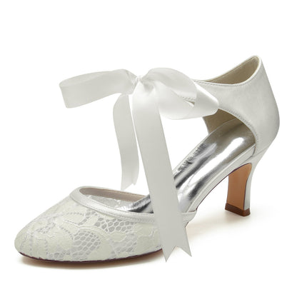 Damen Spitze Seidensatin Mit Knöchelriemen Geschlossene Zehenpartie Spool Heel Brautschuhe