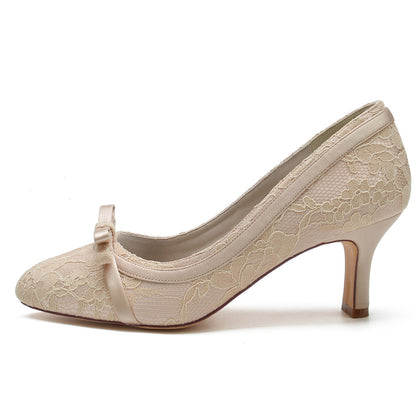 Damen Spitze Seidensatin Mit Bowknot Spitze Geschlossene Zehenpartie Spool Heel Brautschuhe
