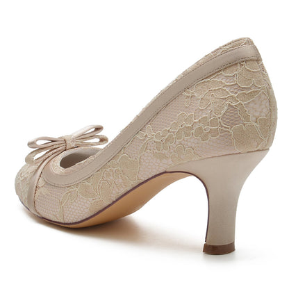 Damen Spitze Seidensatin Mit Bowknot Spitze Geschlossene Zehenpartie Spool Heel Brautschuhe