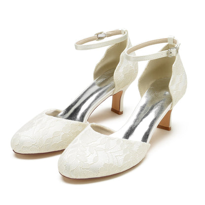 Damen Spitze Seidensatin Mit Knöchelriemen Spitze Geschlossene Zehenpartie Spool Heel Brautschuhe