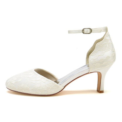 Damen Spitze Seidensatin Mit Knöchelriemen Spitze Geschlossene Zehenpartie Spool Heel Brautschuhe