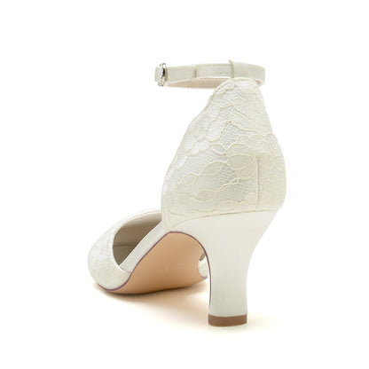 Damen Spitze Seidensatin Mit Knöchelriemen Spitze Geschlossene Zehenpartie Spool Heel Brautschuhe