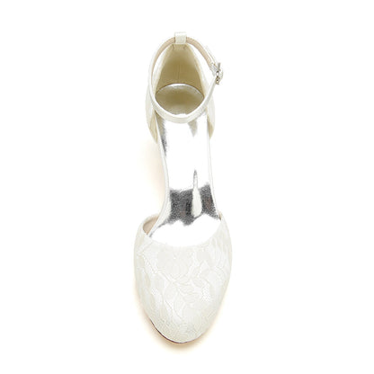 Damen Spitze Seidensatin Mit Knöchelriemen Spitze Geschlossene Zehenpartie Spool Heel Brautschuhe