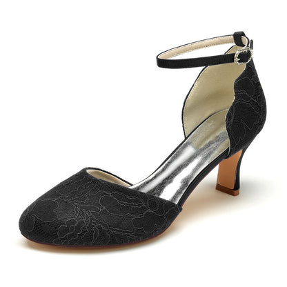 Damen Spitze Seidensatin Mit Knöchelriemen Spitze Geschlossene Zehenpartie Spool Heel Brautschuhe