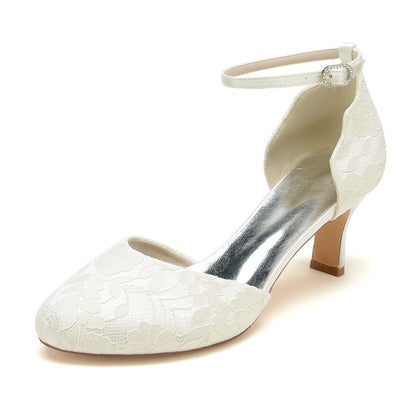 Damen Spitze Seidensatin Mit Knöchelriemen Spitze Geschlossene Zehenpartie Spool Heel Brautschuhe